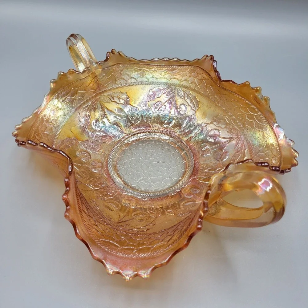 Vintage Fenton Marigold Carnival Iridescent Glass Handled Candy Dish Cherries